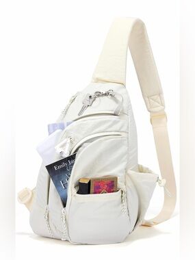 Cream Crossbody Sling Bag with Multiple Zip Pockets